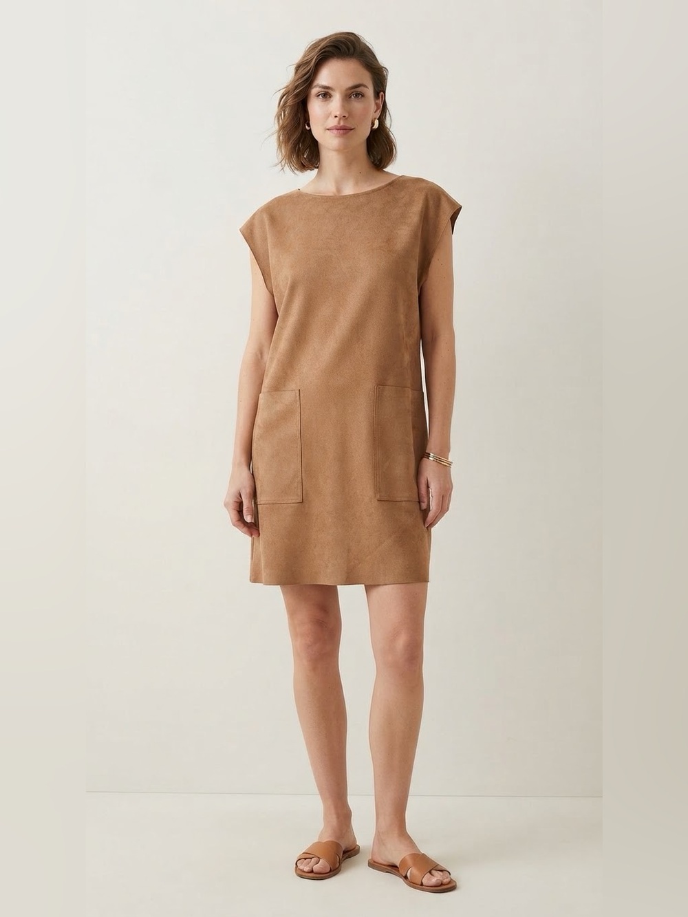 Aritzia Wilfred Free Camel Brown Faux Suede Shift Dress with Pockets Size XS